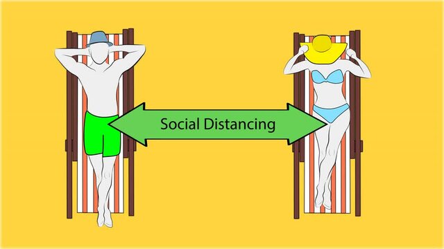 Social distancing. Distance for vacationers on the beach. People keep their distance from the risk of infection and disease covid 19. video illustration. 