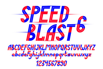 Speed blast sport style font, vector geometric futuristic alphabet, numbers included, 90s style technology typeface, useful for logo creation.