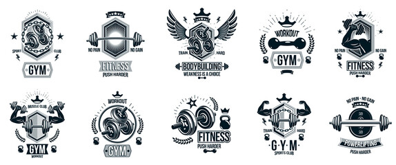 Fototapeta Gym fitness sport emblems and logos vector set isolated with barbells dumbbells kettlebells and muscle body man silhouettes and hands, athletics workout sport club, active lifestyle. obraz