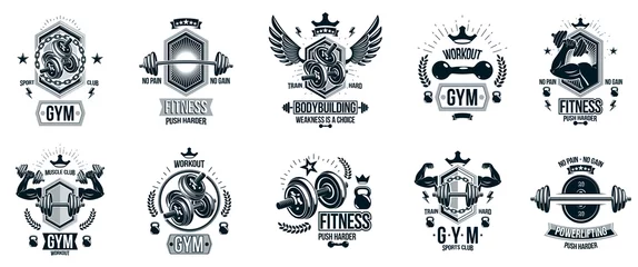 Zelfklevend Fotobehang Gym fitness sport emblems and logos vector set isolated with barbells dumbbells kettlebells and muscle body man silhouettes and hands, athletics workout sport club, active lifestyle. © Sylverarts