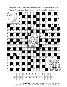 Codebreaker (or codeword, or code cracker) crossword puzzle or word game with about 9 Halloween themed words and 3 picture clues. Answer included.
