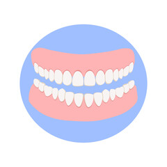 Obraz premium Gums with white teeth or dentures on the blue background, denture icon. Dental prosthesis, tooth orthopedics sign, teeth image, icon dental. Vector illustration in flat style.