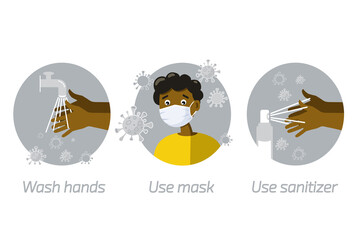 African man character hygiene promotion with wearing a white face medical mask, sanitizing with alcohol and washing your hands, COVID-19. Flat vector illustration.