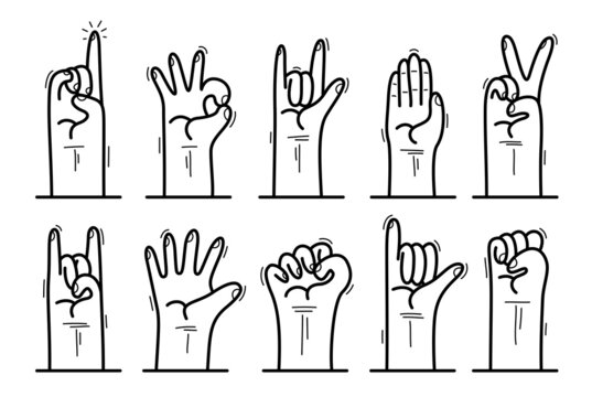 Set of hand signs gestures vector icons set isolated, hard rock, attention and idea pointing finger up, clenched fist, call me, okay.