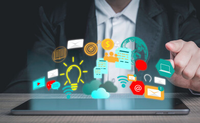 Digital marketing strategy idea concept. Content creator with a tablet and touching great creative idea for target with virtual icon financial reports.