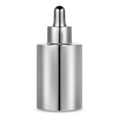 Serum essence bottle. Cosmetic dropper vial, face collagen. Essential oil bottle mockup. Facial care treatment product, silver metal flask