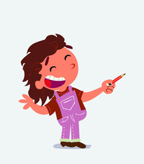 cartoon character of little girl on jeans is happy while pointing to the side with a pencil.