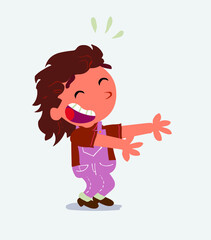 cartoon character of little girl on jeans laughing a lot while showing something.
