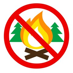 It is forbidden to light a fire in the forest. Red sign prohibiting lighting a fire. Ban on fire. Flat color design isolated on white background.