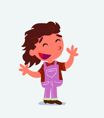 Pleased cartoon character of little girl on jeans explaining something