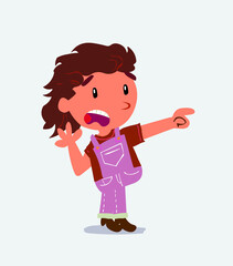 Surprised cartoon character of little girl on jeans pointing at something.