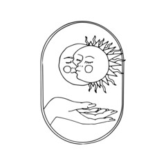 Vintage Mystic Sun and Moon Kissing illustration with decorative border and female hand