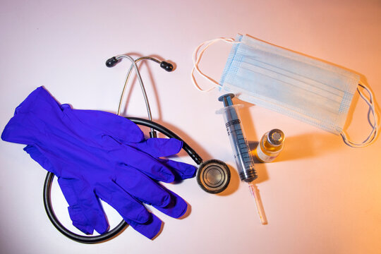 Directly Above Shot Of Medical Equipment Plain Blue Background