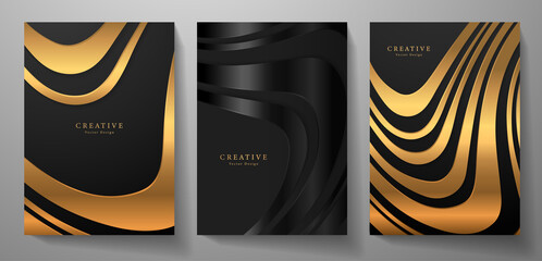 Modern cover design set.  Abstract  wavy background with line pattern (curves) in premium gold and black. Creative vector collection for business background, brochure template, stripe sport catalog
