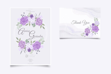 Wedding invitation card template set with beautiful purple floral leaves Premium Vector