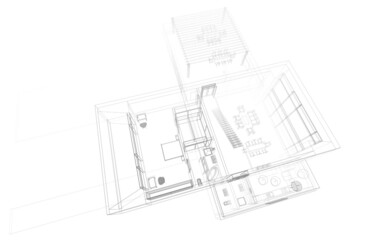 modern house architectural drawing 3d rendering and 3d illustration