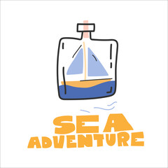 Ship, boat in a bottle. Cute marine illustration. Vector image, clipart, editable details.