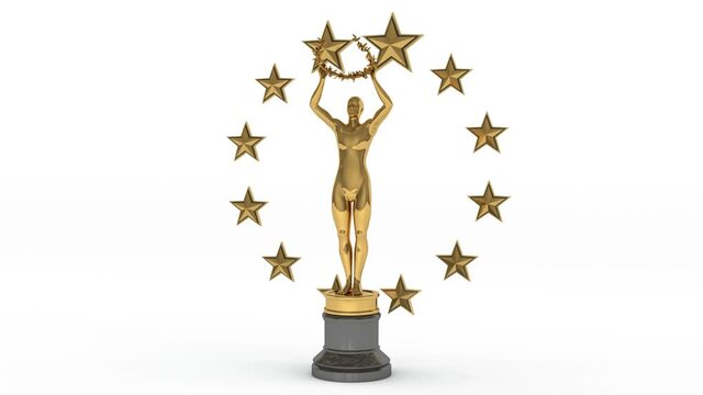 3d animation of twelve stars and a golden statue of the golden Oscar. Award for the best works. A symbol of victory and triumph.