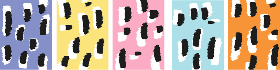 Collection of modern minimalist art abstractions with strokes (hand drawn) on colored background