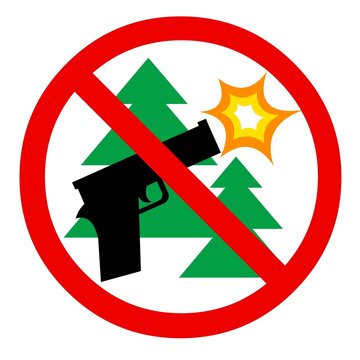 Icon - ban on shooting in the woods. You can't shoot. Ban firearm. Red ban sign, weapons and spruce. Flat design isolated on white background. 
