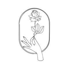 Vintage Mystic Hand holding rose flower drawing on oval shape background.