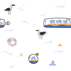 Hand-drawn pattern with ships in bottles. Scandinavian sea pattern. Children's pattern with boats and seagulls