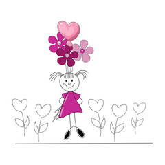 child with flowers and balloons illustration 