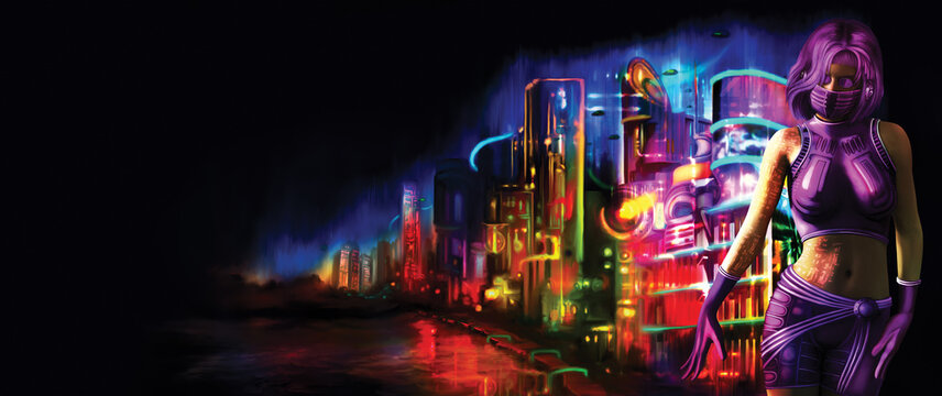 Cyberpunk girl in a city horizontal banner / Illustration a woman in a cyberpunk outfit. Bright neon city in the background. Digital painting