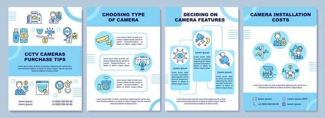 CCTV camera purchase brochure template. Choosing and installation. Flyer, booklet, leaflet print, cover design with linear icons. Vector layouts for presentation, annual reports, advertisement pages