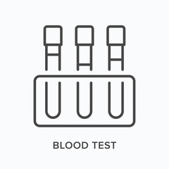 Blood test flat line icon. Vector outline illustration of laboratory tubes. Black thin linear pictogram for medicine research