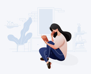 Flat Graphic design illustration of a woman or girl relaxing at home in living room reading a book for education, learning, school, online courses, training or back to school vector