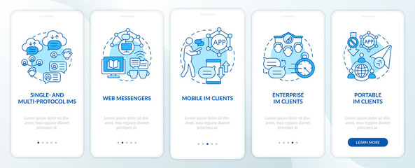 Instant messaging software types blue onboarding mobile app page screen. Messenger walkthrough 5 steps graphic instructions with concepts. UI, UX, GUI vector template with linear color illustrations