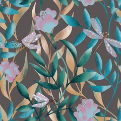 Abstract floral background. Multicolored floral pattern on a gray background, seamless pattern of stylized plants and dragonflies.