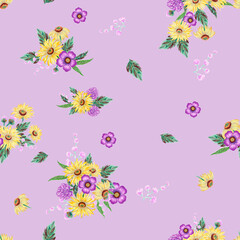 Hand painting seamless repeat background pattern inspired by bouquet yellow and purple flower