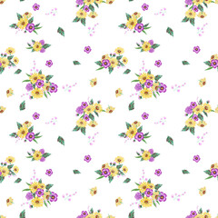 Hand painting seamless repeat background pattern inspired by bouquet yellow and purple flower