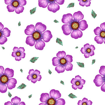 Hand painting seamless background pattern inspired by blossom blooming botanical purple violet color