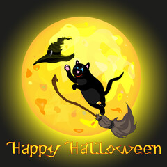 Moon cat on the broom catches a hat