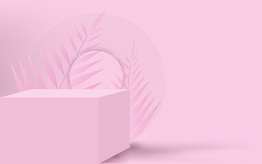 Pink background with absract tropical leaves and pink cube. podium. modern background. vector illustration. eps 10