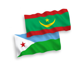 Naklejka premium National vector fabric wave flags of Islamic Republic of Mauritania and Republic of Djibouti isolated on white background. 1 to 2 proportion.
