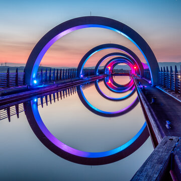 Circular reflections of The Portal at Falkirk Wheel at sunset