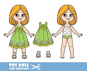 Cartoon girl with bob hairstyle in underwear , dressed and clothes separately - green dress with flowers embroidery and sandals doll for dressing