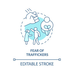 Fear of traffickers blue concept icon. Mental and emotional weakness abstract idea thin line illustration. Aftermath of violent treatment. Vector isolated outline color drawing. Editable stroke