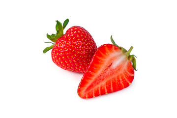 Two strawberries isolated on a white background. Summer fruits, dietary, healthy food