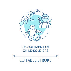 Recruitment of child soldiers blue concept icon. Children exploited in war abstract idea thin line illustration. Armed children as soldiers. Vector isolated outline color drawing. Editable stroke