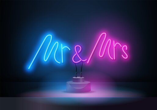 Neon sign Mr and Mrs lettering on dark background vector illustration. Logo design template. Light banner, glowing neon signboard for advertising.