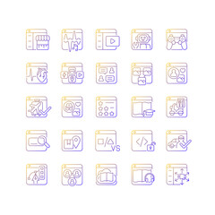 Online platforms gradient linear vector icons set. E-commerce. Digital music. Social networks. Share medical data. Thin line contour symbols bundle. Isolated vector outline illustrations collection