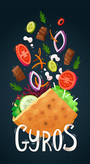 Meat vegetables and other ingredients falling in bread pita. Vector illustration of delicious fresh gyros sandwich.
