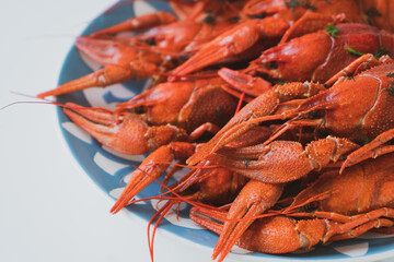 boiled crayfish served on a platter with herbs and lemon