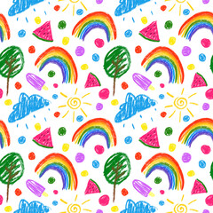 Bright colorful childish seamless pattern on white background. Crayons drawing repeat peint. Cute summer background for textile, fabric, nursery, wrapping paper and decoration.