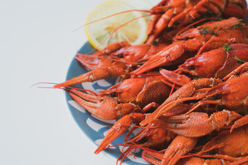 boiled crayfish served on a platter with herbs and lemon
